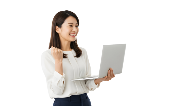 Successful Asian businesswoman joyfully celebrating professional accomplishment holding modern laptop expressing triumph and happiness in a moment of great victory