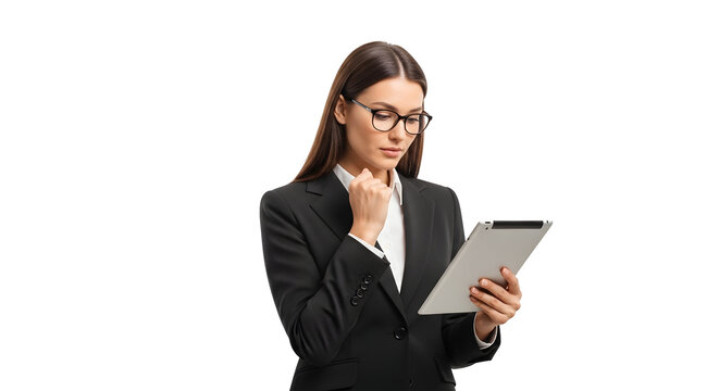 Professional woman in a sleek business suit and stylish glasses intently studying information on a digital tablet showcasing focused analysis and modern corporate technology usage