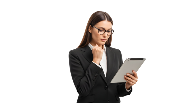 Professional woman in a sleek business suit and stylish glasses intently studying information on a digital tablet showcasing focused analysis and modern corporate technology usage