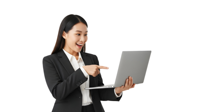 Cheerful Asian businesswoman in a professional suit happily pointing at her laptop screen expressing excitement and engagement with digital content a vibrant image for modern tech concepts and