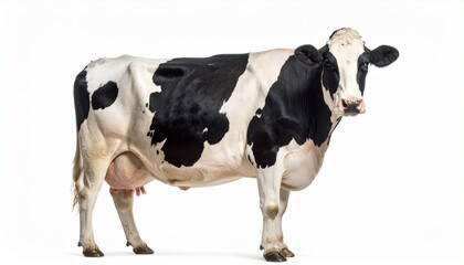 Side-view Holstein cow with black-white pattern on plain white background