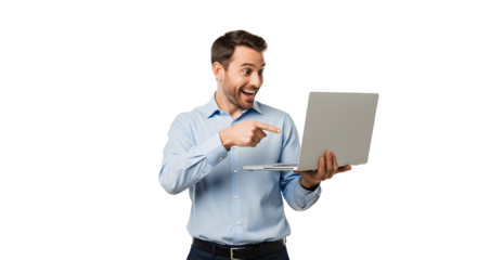 Cheerful man pointing at laptop screen with an excited expression presenting amazing online content a happy male enthusiastically showing digital information on his portable computer for success and