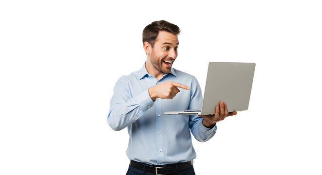 Cheerful man pointing at laptop screen with an excited expression presenting amazing online content a happy male enthusiastically showing digital information on his portable computer for success and