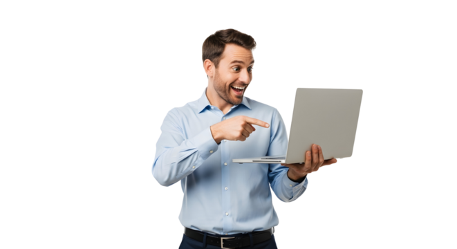 Cheerful man pointing at laptop screen with an excited expression presenting amazing online content a happy male enthusiastically showing digital information on his portable computer for success and