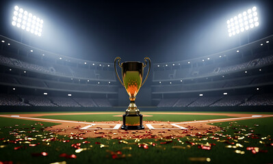 Baseball Championship Win Cup Celebration on Field Night Game
