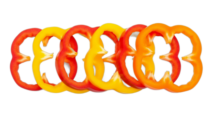 Vibrant slices of red yellow and orange bell peppers arranged in a row. PNG Transparent