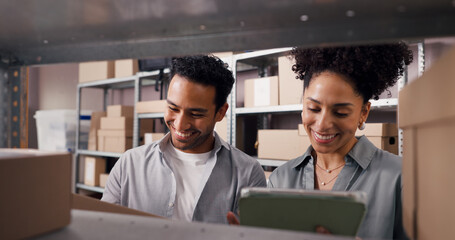 Logistics, team or inventory with tablet in storage for cargo management, stock control and shipping. Small business, happy people and distribution database for package inspection and supply chain