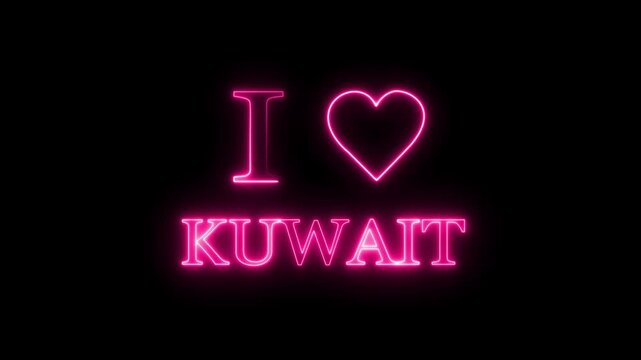 I love Kuwait in neon lights flickering love illustration, Kuwait, celebration concept patriotic vector love design heart patriotism travel typography love culture lifestyle black background, 4k text