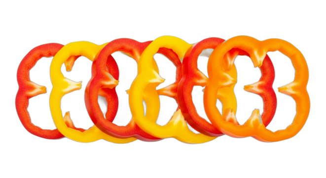Vibrant slices of red yellow and orange bell peppers arranged in a row. PNG Transparent