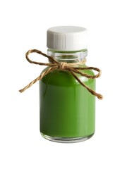 Natural green herbal liquid in small glass bottle with white cap and rustic twine, organic extract packaging for wellness and skincare products