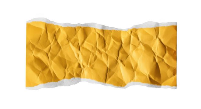 Crumpled yellow paper strip with torn white edges isolated on a transparent background ripped
