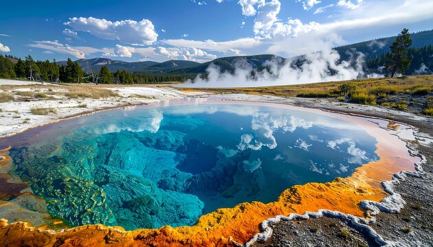Grand Prismatic Spring in Yellowstone National Park with vibrant colors and steam rising.