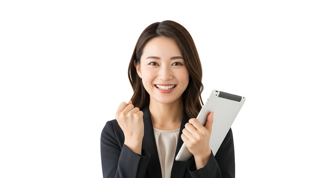 Happy Asian businesswoman smiling with confidence holding a tablet showing success and achievement in her career symbolizing professional empowerment and digital productivity