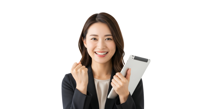 Happy Asian businesswoman smiling with confidence holding a tablet showing success and achievement in her career symbolizing professional empowerment and digital productivity