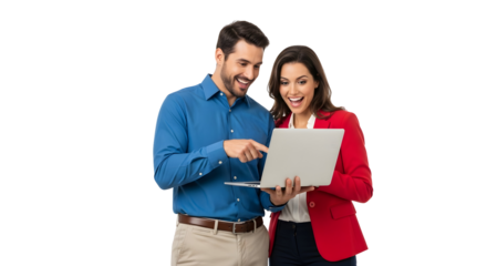 Happy couple looking at laptop screen with excitement and pointing together at new online information sharing digital content collaboration technology smiling broadly