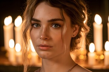 Candlelit portrait of a woman with soft warm lighting, glowing background candles, elegant close-up beauty photography with cinematic atmosphere