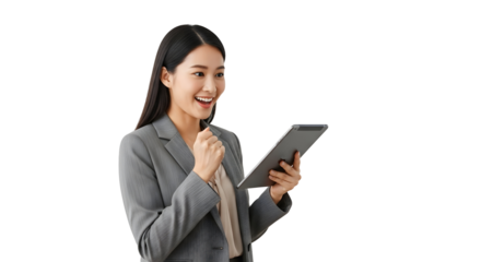 Optimistic young Asian professional woman happily celebrating success while engaging with a digital tablet expressing triumph and positive achievement. This elegant and successful female executive