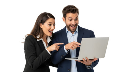 Young business man and woman looking amazed at a laptop screen pointing at digital content celebrating online success and incredible discovery