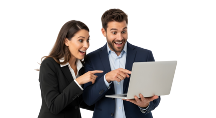 Young business man and woman looking amazed at a laptop screen pointing at digital content celebrating online success and incredible discovery