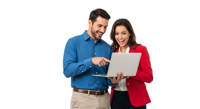 Happy couple looking at laptop screen with excitement and pointing together at new online information sharing digital content collaboration technology smiling broadly - Powered by Adobe