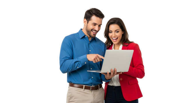 Happy couple looking at laptop screen with excitement and pointing together at new online information sharing digital content collaboration technology smiling broadly