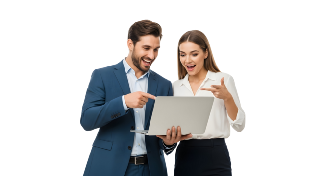 Enthusiastic business professionals pointing at laptop screen with joyful expressions indicating successful online content happy colleagues discussing digital project and achieving shared goals