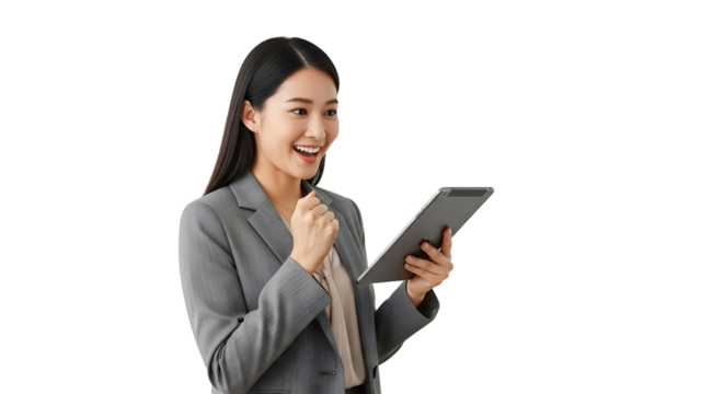 Optimistic young Asian professional woman happily celebrating success while engaging with a digital tablet expressing triumph and positive achievement. This elegant and successful female executive - Powered by Adobe