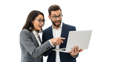 Enthusiastic business partners sharing an incredible moment viewing exciting information on a portable computer showcasing collaborative teamwork and digital achievement