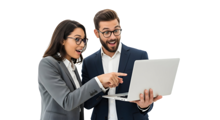 Enthusiastic business partners sharing an incredible moment viewing exciting information on a portable computer showcasing collaborative teamwork and digital achievement