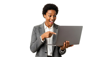 Surprised Black professional woman excitedly pointing at her laptop screen showcasing a fantastic discovery online an unexpected digital achievement or business breakthrough