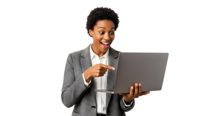 Surprised Black professional woman excitedly pointing at her laptop screen showcasing a fantastic discovery online an unexpected digital achievement or business breakthrough
