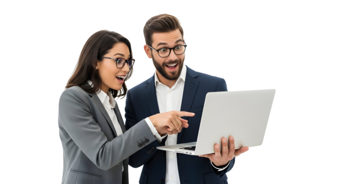 Enthusiastic business partners sharing an incredible moment viewing exciting information on a portable computer showcasing collaborative teamwork and digital achievement