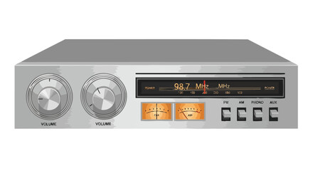 Fototapeta premium Vintage Silver Stereo Receiver with Analog Tuning Display Isolated on White Background