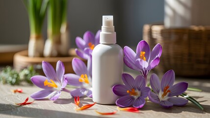 Natural skincare spray bottle with purple crocus flowers, organic beauty product scene, botanical cosmetic concept, bright floral wellness aesthetic photography
