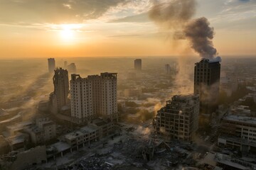 Urban city ruins with collapsed buildings and rising smoke at sunset, dramatic destroyed skyline scene, atmospheric post-disaster landscape photography