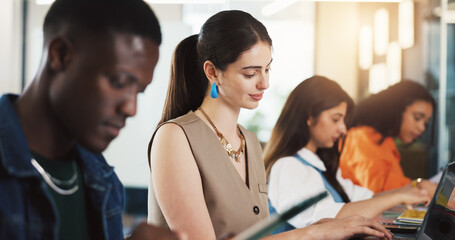 Startup, coworking office and people on tech for project, research and seo report for website traffic. Creative agency, team and workers on tablet for digital marketing, online review and planning