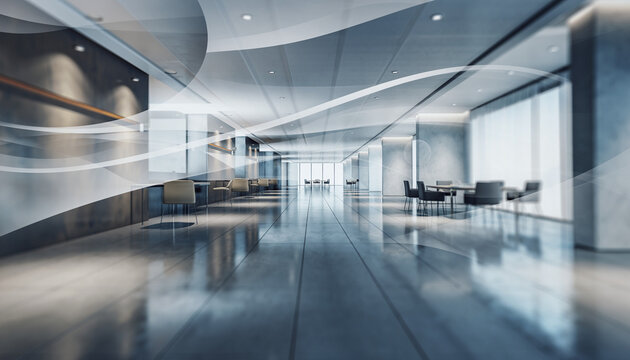 Abstract blurred background of a modern technology office workspace with cool blue tones, symmetrical desks, and multiple computer monitors.