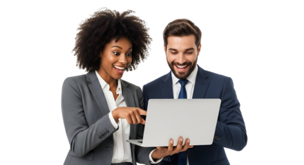 Diverse business professionals enthusiastically collaborating on a laptop showcasing successful digital work and innovative technology solutions happy team achieving online goals