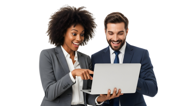 Diverse business professionals enthusiastically collaborating on a laptop showcasing successful digital work and innovative technology solutions happy team achieving online goals
