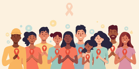 Community of diverse people raising awareness together with red ribbon healthcare symbol