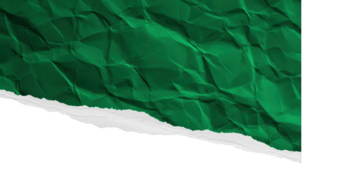 Deep green crumpled paper with torn white edge against black background isolated on a transparent background