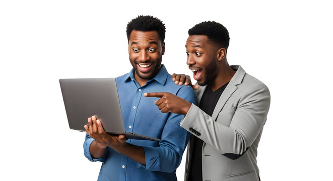Two excited young African American men react with joyous surprise and wide eyed amazement to content on a laptop screen demonstrating happiness and engagement with the portable computer device