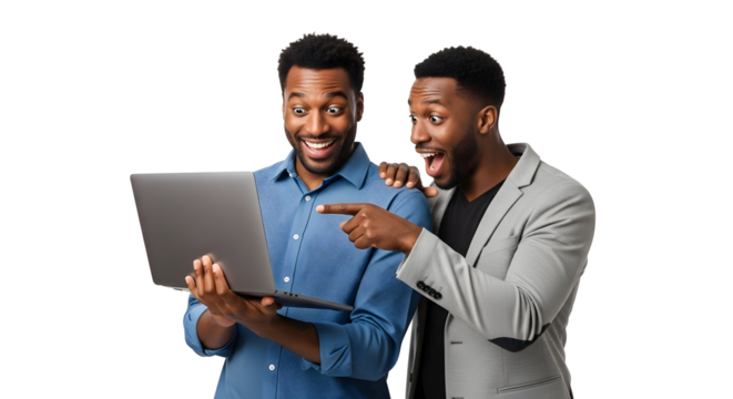 Two excited young African American men react with joyous surprise and wide eyed amazement to content on a laptop screen demonstrating happiness and engagement with the portable computer device