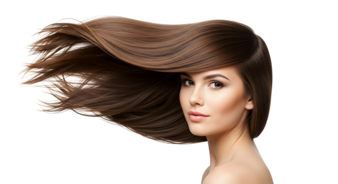 Beautiful young woman with long flowing brown hair glossy luxurious healthy strong hair styled with volume and natural bounce advertising hair care products beauty salon portrait elegant woman with