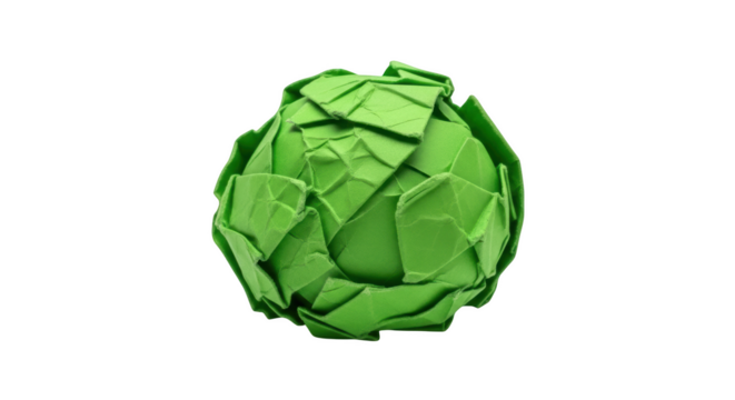 Green origami artichoke with crumpled paper texture on black background isolated on a transparent background