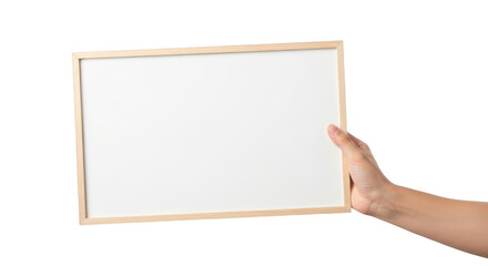 Hand holding a blank white rectangular whiteboard with a light wood frame isolated on a transparent background