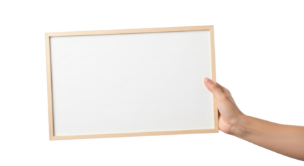 Hand holding a blank white rectangular whiteboard with a light wood frame isolated on a transparent background