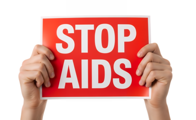 Hands holding a bold “STOP AIDS” sign, strong advocacy message