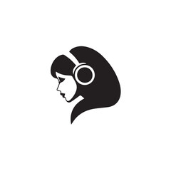 Black Vector Illustration of Woman Wearing Headphone in Clean Minimal Style on White Background