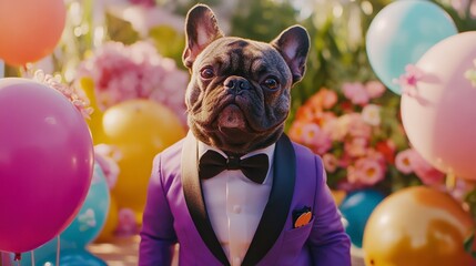 French bulldog in tuxedo with balloons and flowers for party celebration event photo